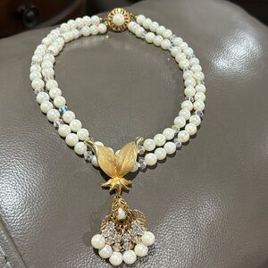 Vintage Faux Pearl Layered Necklace AB Rhinestones Gold Tone Flower Pendant